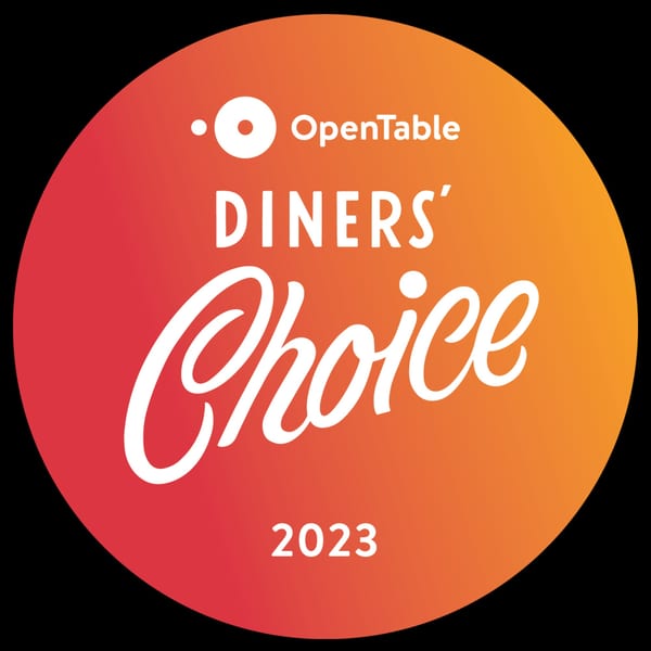OpenTable Diners' Choice 2023 award logo, a red and orange gradient circle with white text.