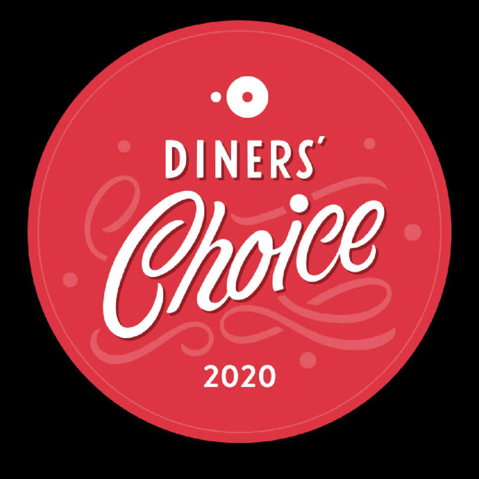 Red circular 'Diners' Choice 2020' award logo with white text and decorative swirls.