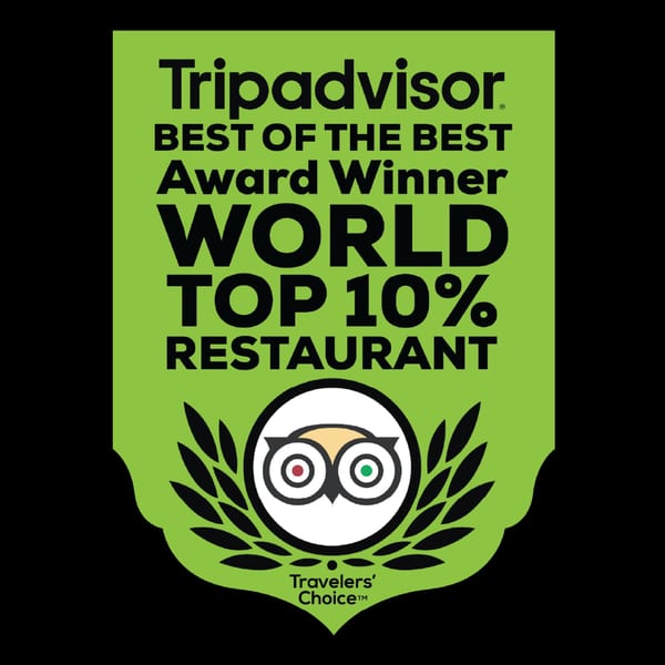Tripadvisor Best of the Best Award Winner, World Top 10% Restaurant, Travelers' Choice badge.