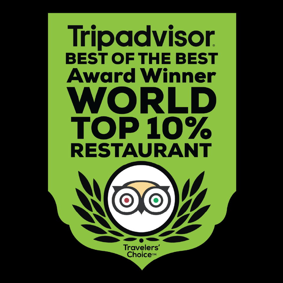 Tripadvisor Best of the Best Award Winner, World Top 10% Restaurant, Travelers' Choice badge.