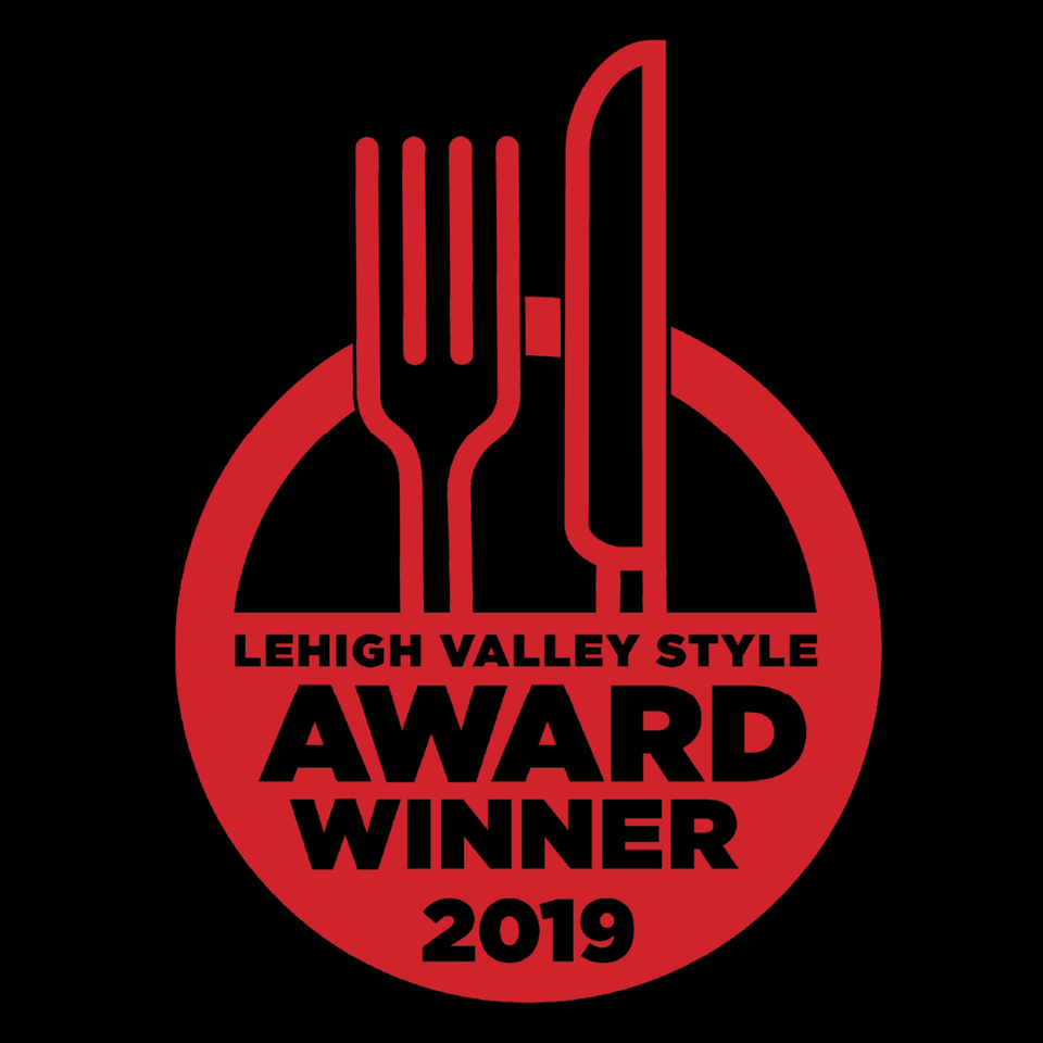 Red circular logo with a fork and knife, text reads "Lehigh Valley Style Award Winner 2019".
