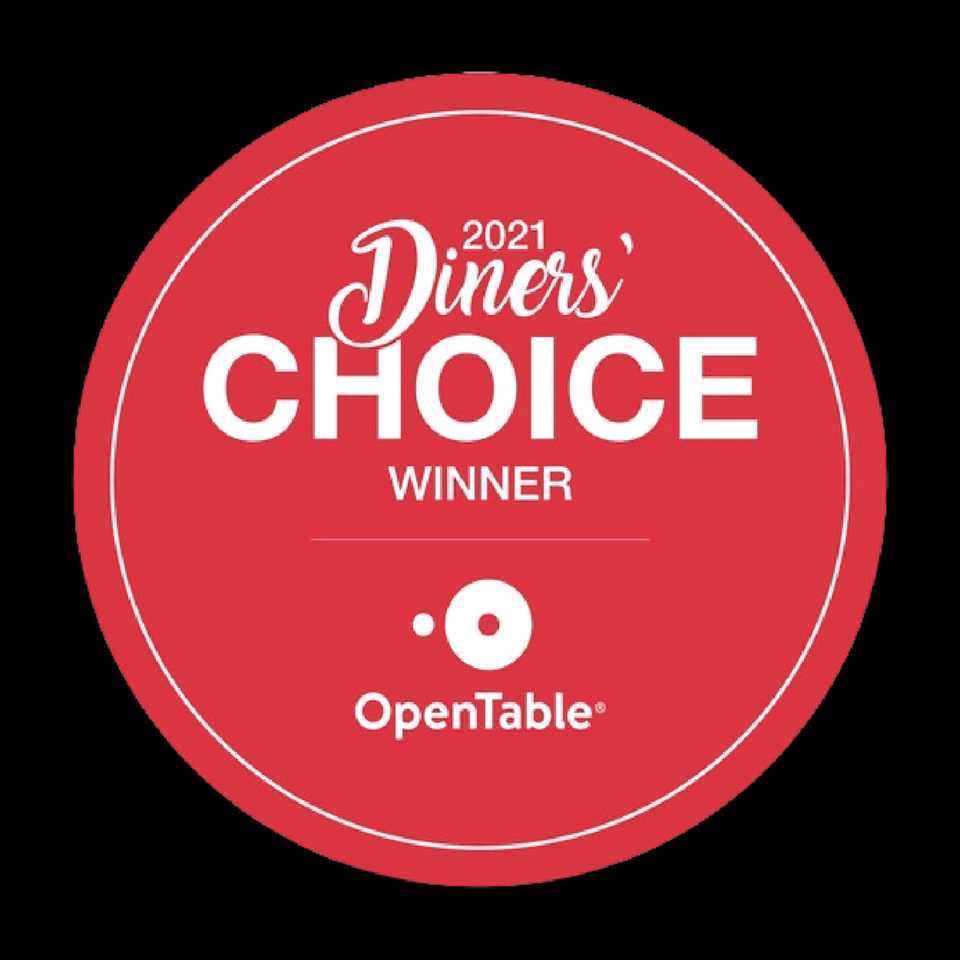 Red circular OpenTable Diners' Choice 2021 Winner badge with white text.